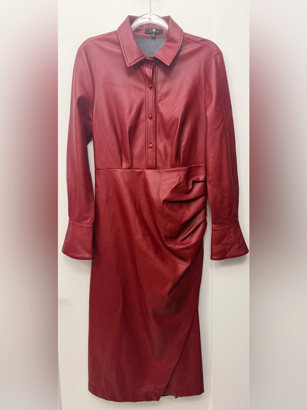 7 For All Mankind Faux Leather Burgundy Long Sleeve Ruched Midi Dress SZ-M